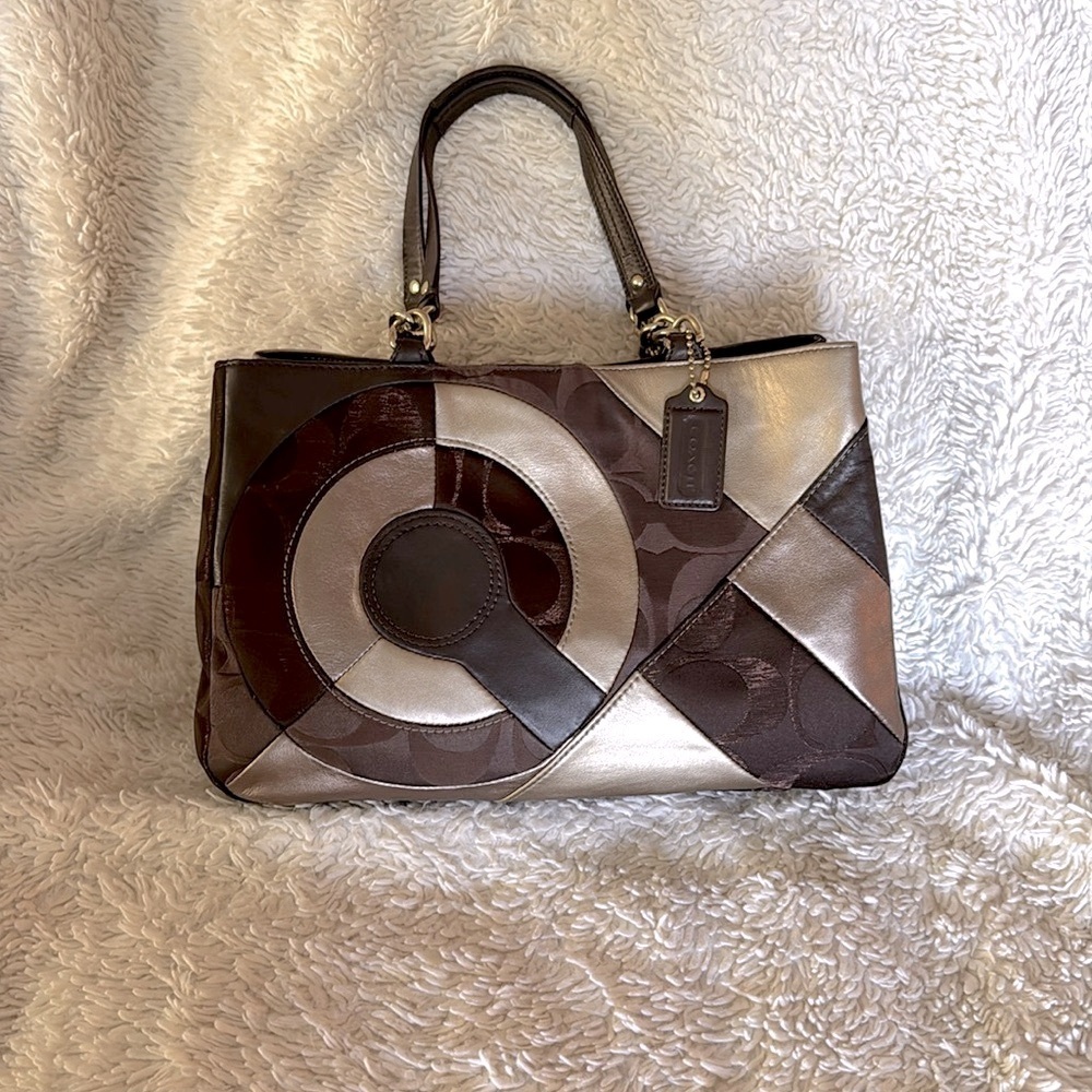 Coach Inlaid Brown Gold Patchwork Leather Chain Tote Bag F20013 - Picture 1 of 13